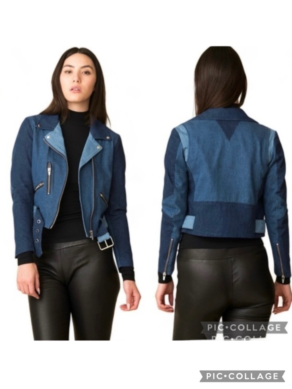 Veda Atmosphere Blue Denim Moto Cropped Belted 3 Tone Trio Jacket S Gorpcore